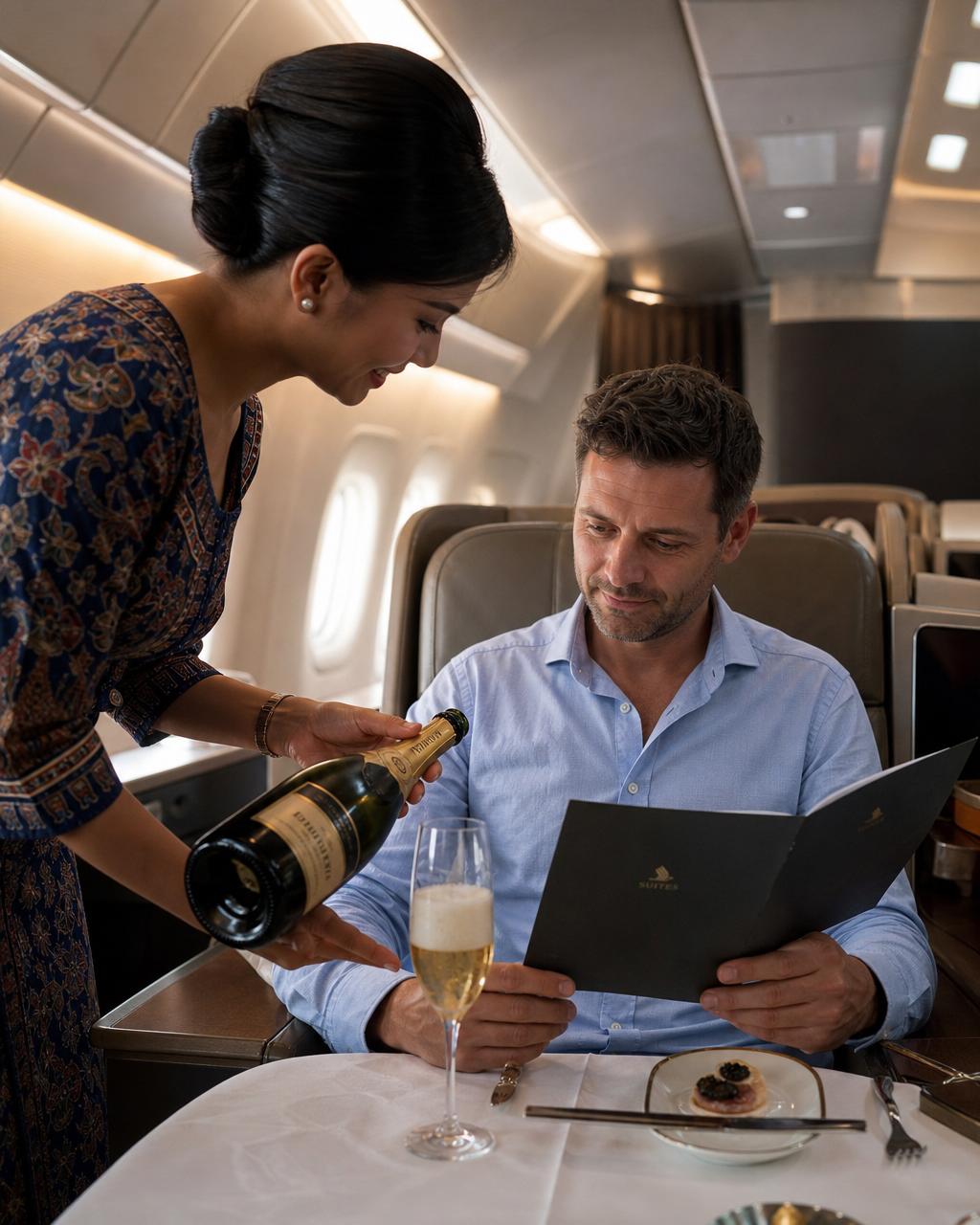 First class airplane cabin with champagne and warm lighting