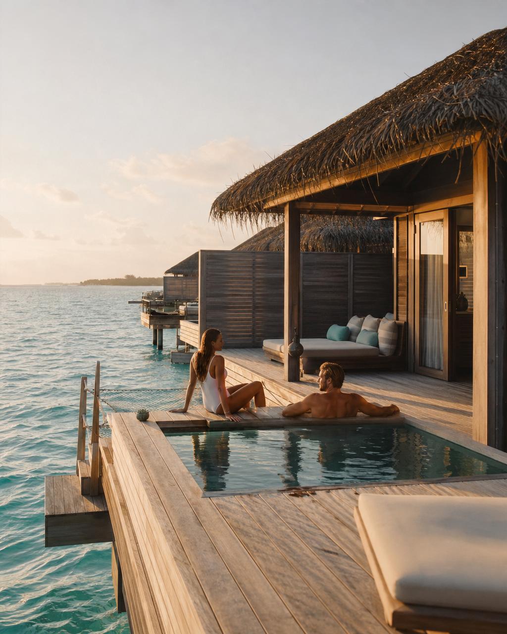 Luxury beach resort at sunset with turquoise water