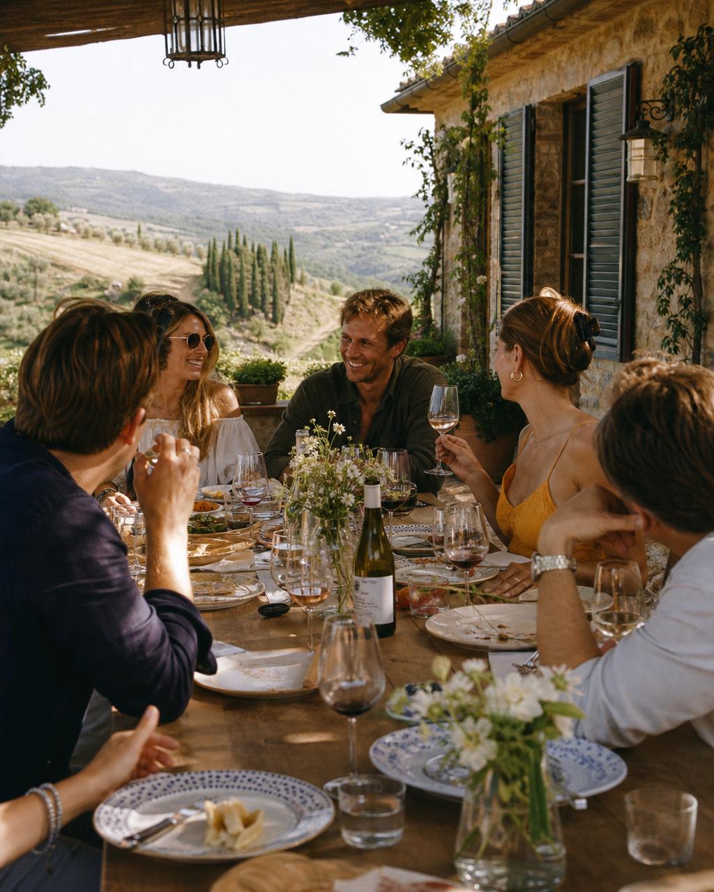 Group of friends enjoying wine at a luxury villa