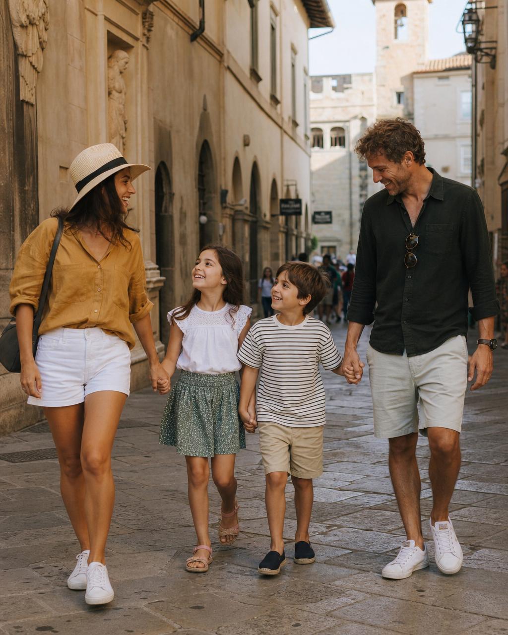 Family exploring a charming European city street