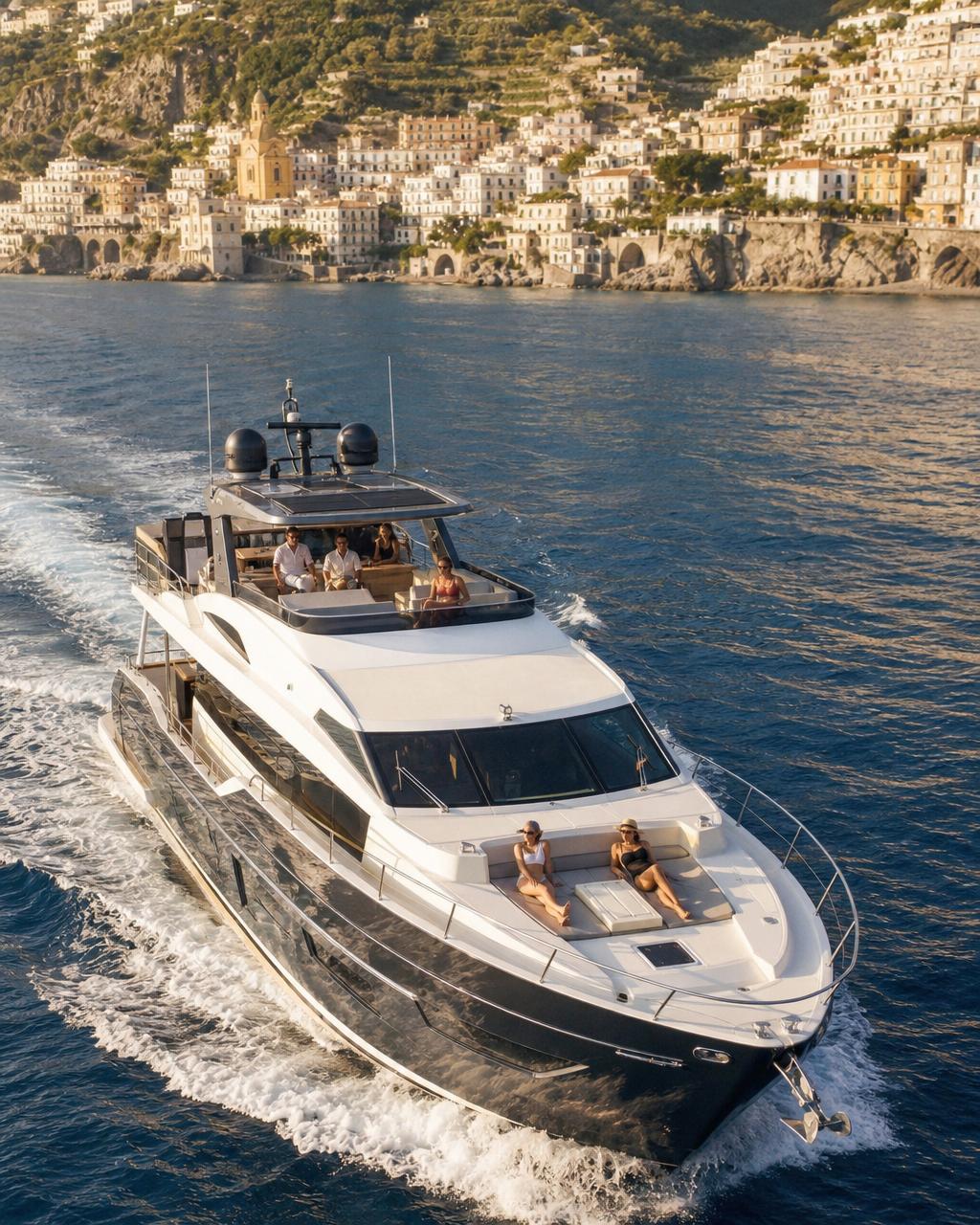 Superyacht deck overlooking Mediterranean coast at sunset