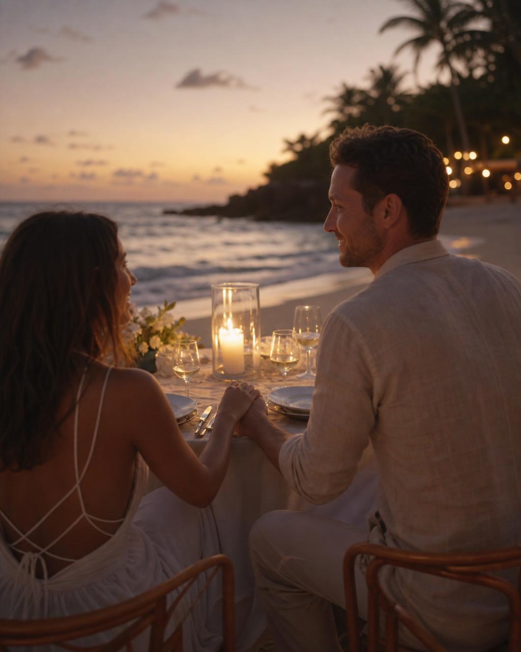 Private candlelit dinner on a tropical beach at sunset